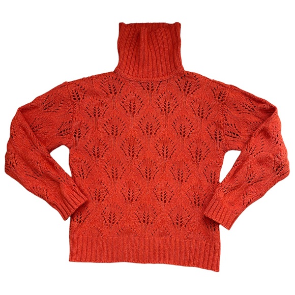 Vintage | Orange Pointelle Drop Shoulder Balloon Sleeve Turtleneck Sweater - Picture 6 of 13